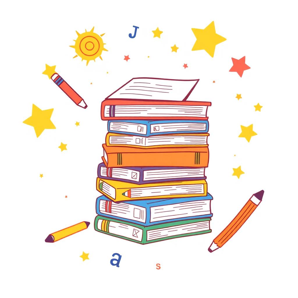 Colorful stack of children's workbooks with pencils, stars and letters